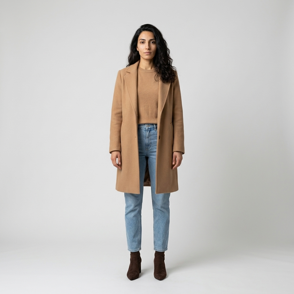 Model wearing dark brown ankle boots with jeans and a camel wool coat