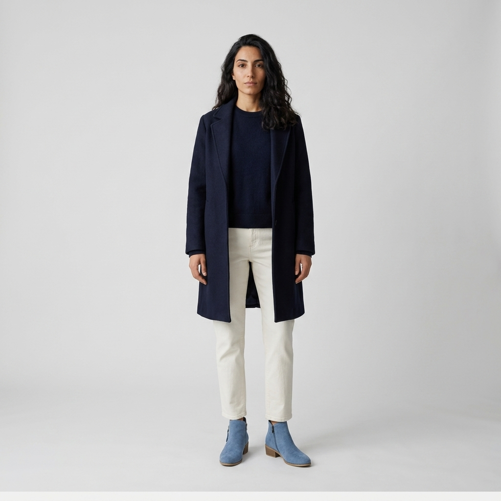 Model wearing light blue ankle boots with off white trousers and a navy coat