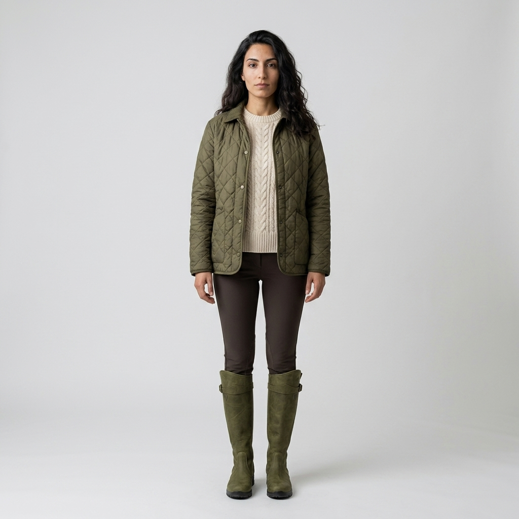 Model wearing olive riding boots with brown trousers and an olive quilted jacket