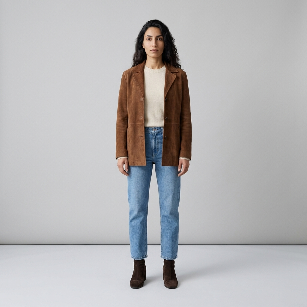 Model wearing dark brown ankle boots with jeans and a brown suede jacket