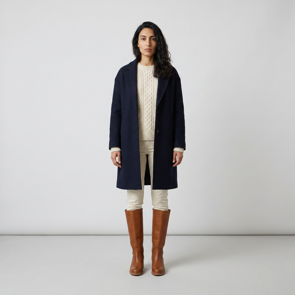 Model wearing cognac riding boots with cream trousers and a navy wool coat