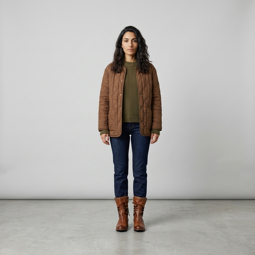 Model wearing cognac lace up boots with jeans and a brown quilted jacket