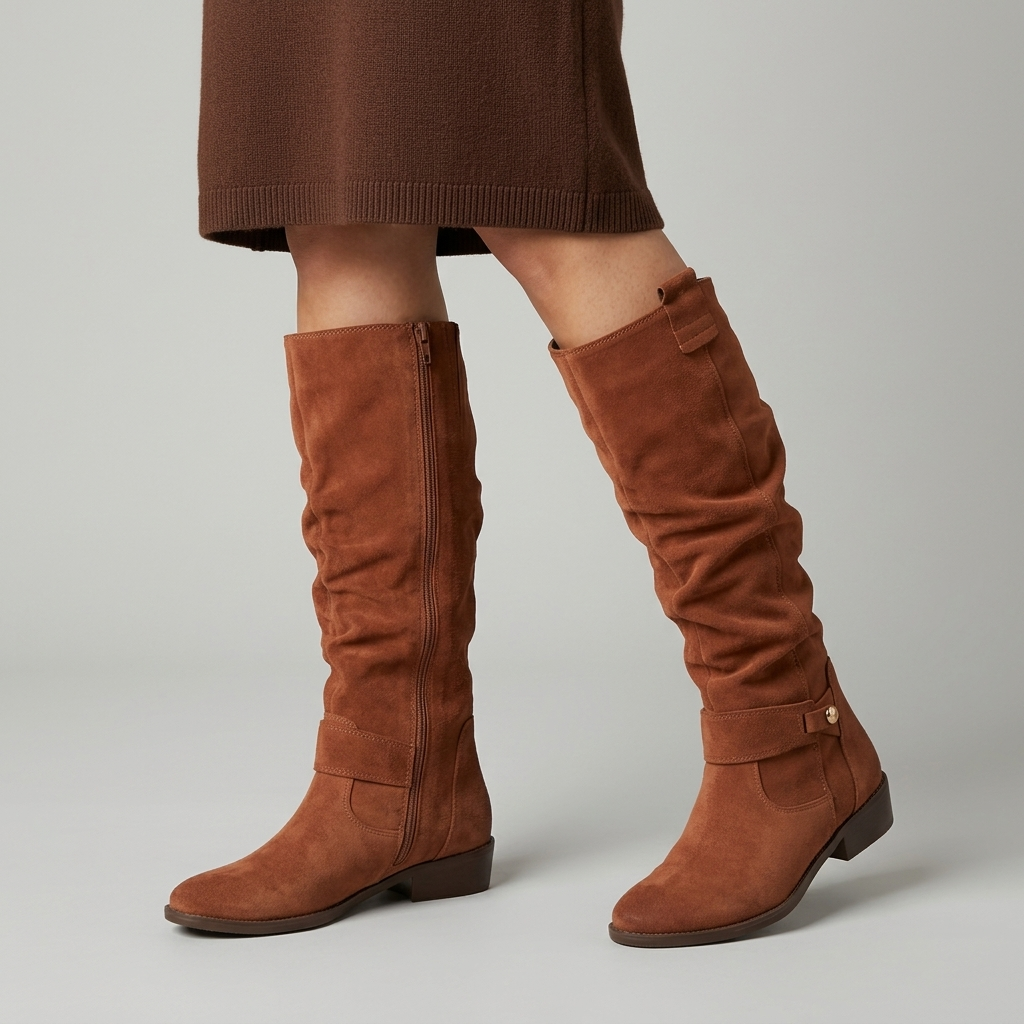 Rust suede knee high slouch boots with an ankle strap, close view