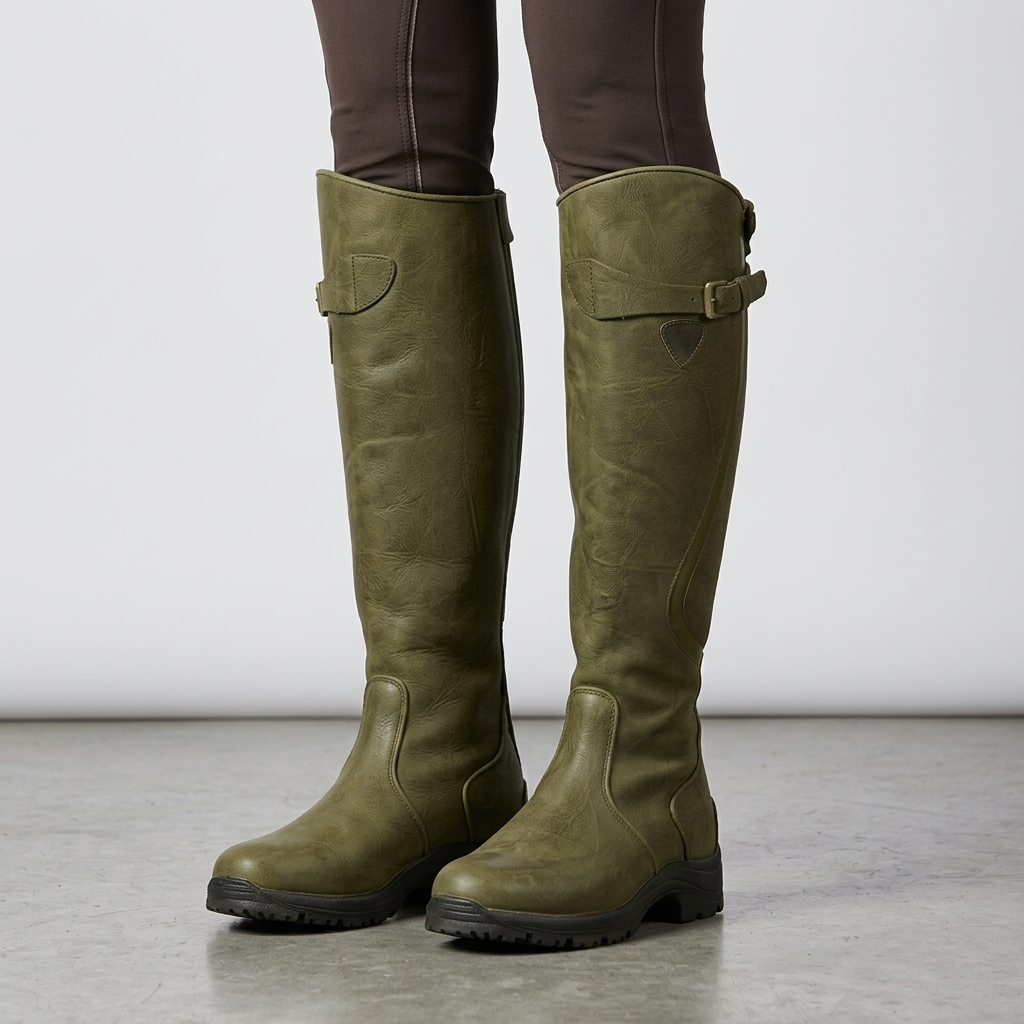 Olive green knee high riding boots with a buckled strap, close view