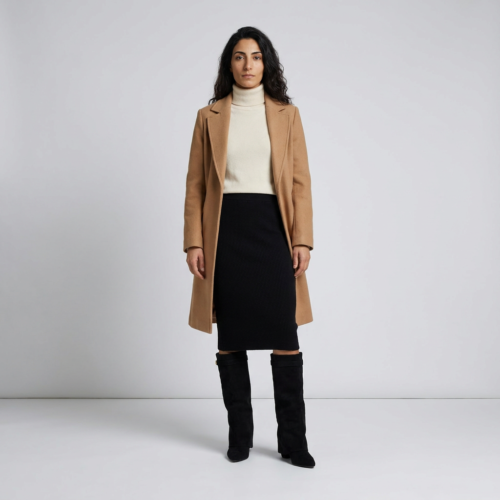 Model wearing black fold over knee high boots with a black midi skirt and camel coat