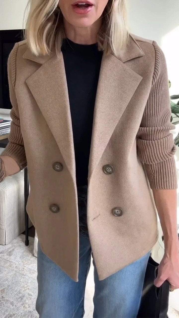 Women's Wool Look Blazer – Double Breasted Jacket with Knit Sleeves