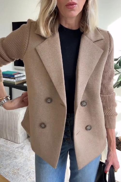 Women's Wool Look Blazer – Double Breasted Jacket with Knit Sleeves
