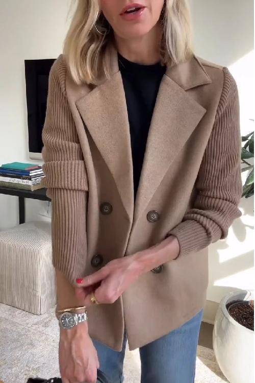 Women's Wool Look Blazer – Double Breasted Jacket with Knit Sleeves