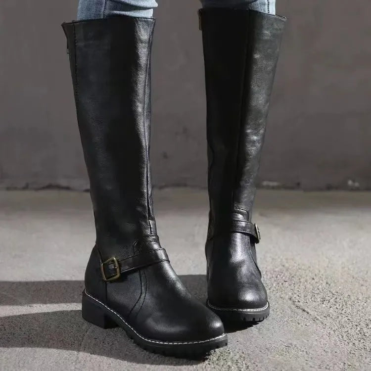 Women's black knee high riding boots with flat heel