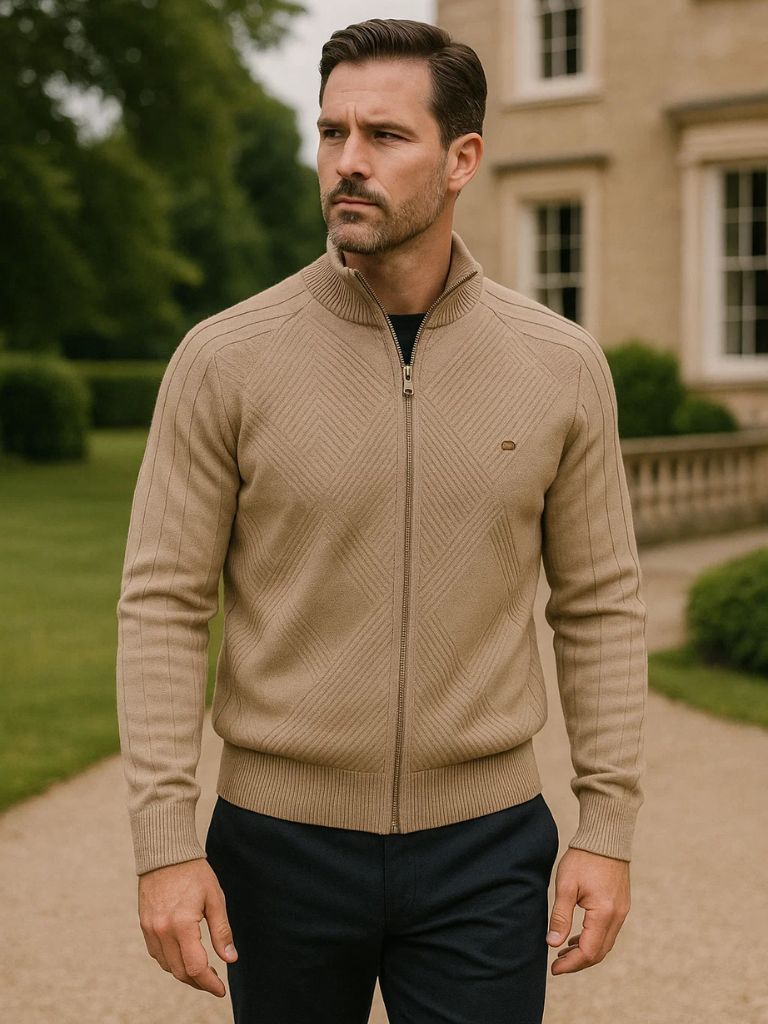 Men's Zip Up Knitted Cardigan – Jacquard Stand Collar