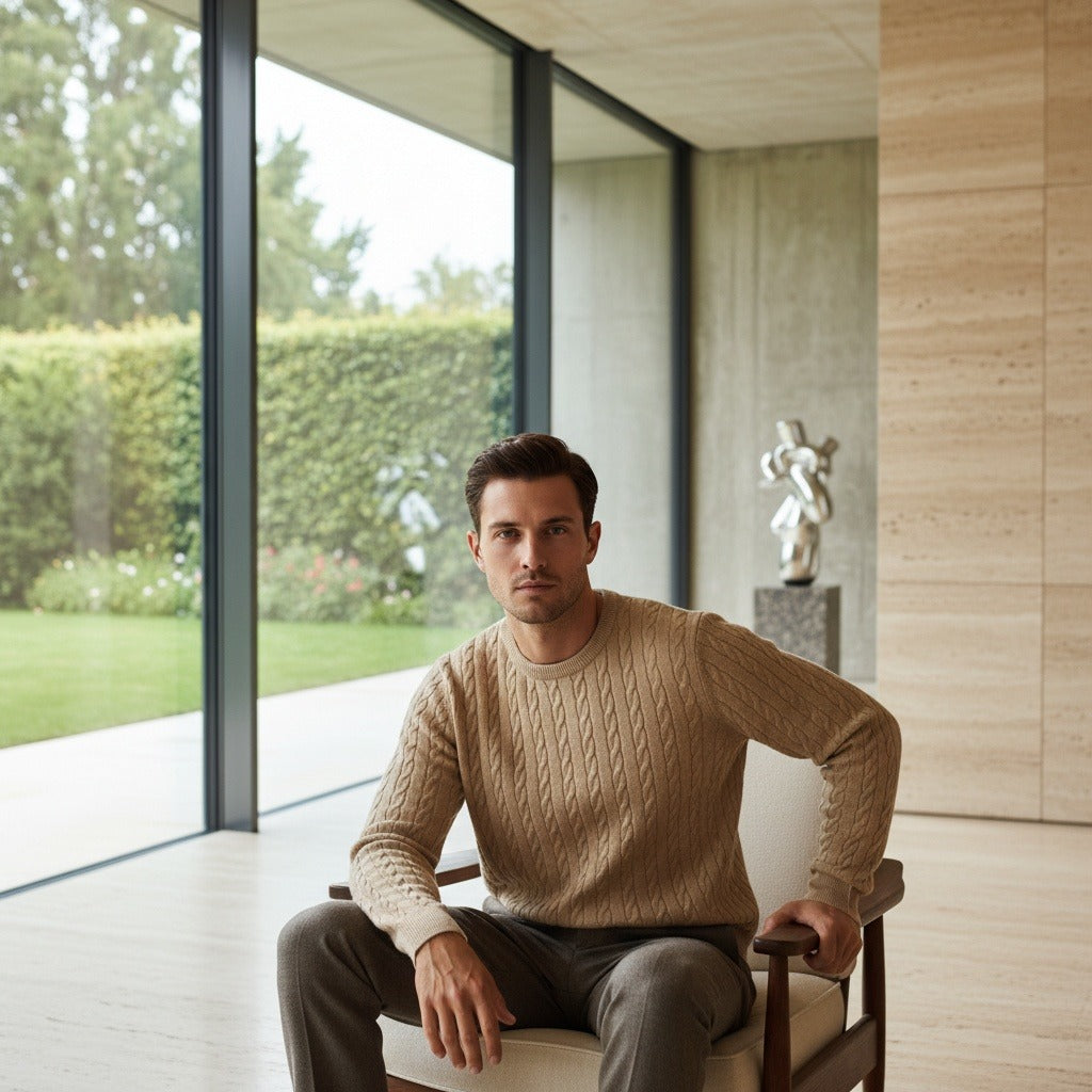 Men's Ribbed Knit Jumper – Crew Neck Wool Blend Sweater