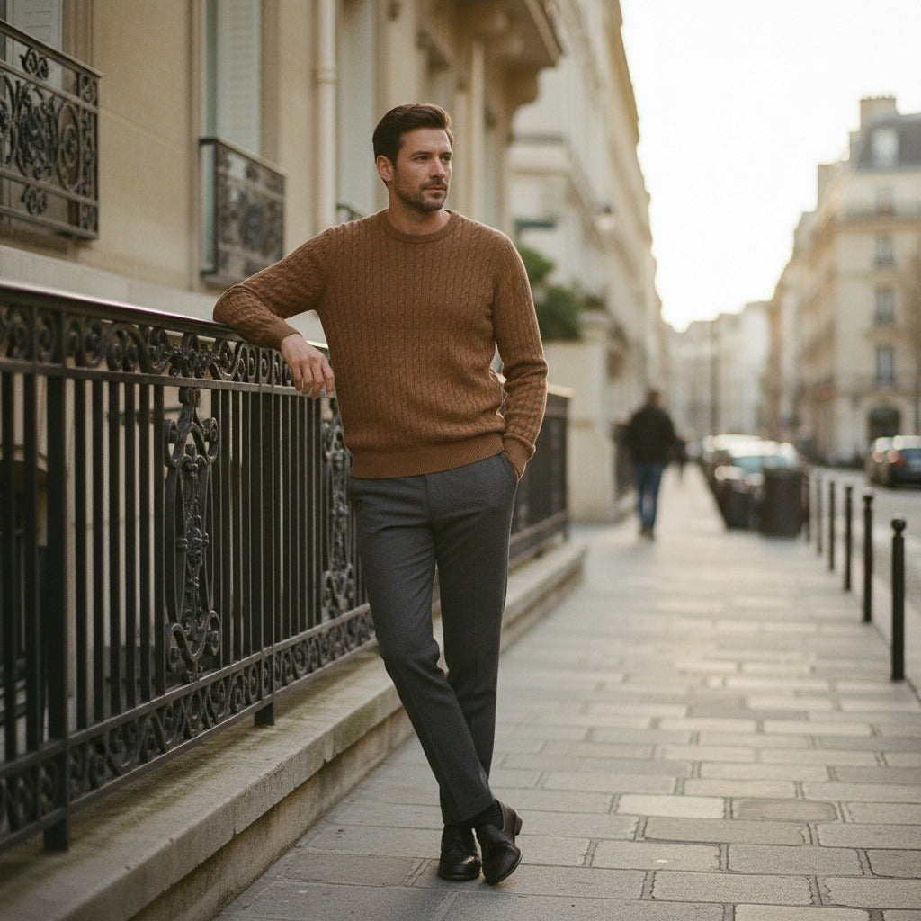 Men's Ribbed Knit Jumper – Crew Neck Wool Blend Sweater