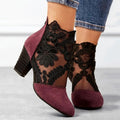 Women's red lace up ankle boots with block heel and contrast stitching
