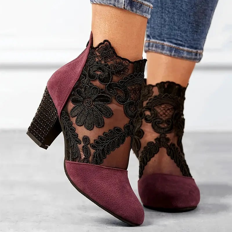 Women's red lace up ankle boots with block heel and contrast stitching