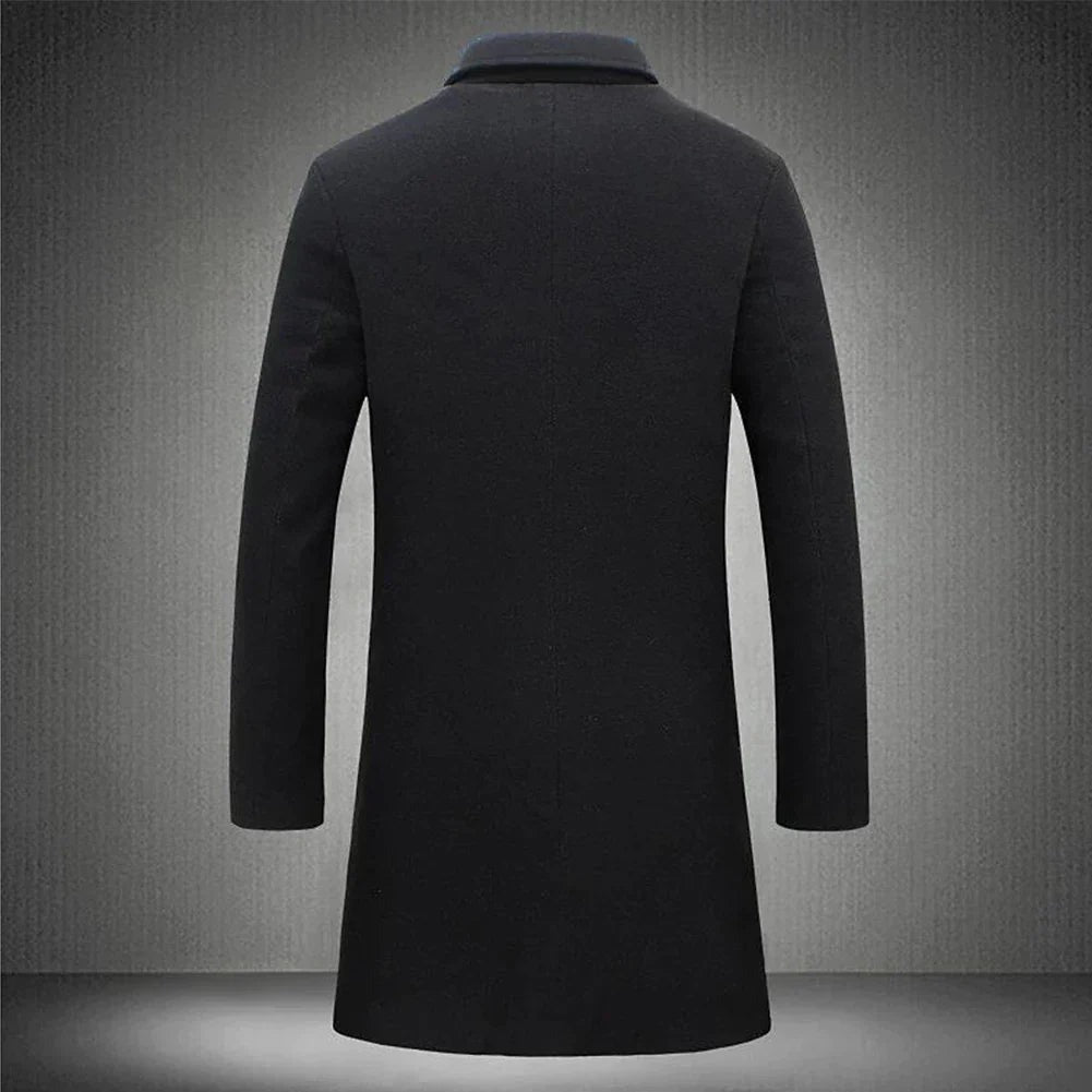 Detail of the welt pocket and lapel on a men's overcoat