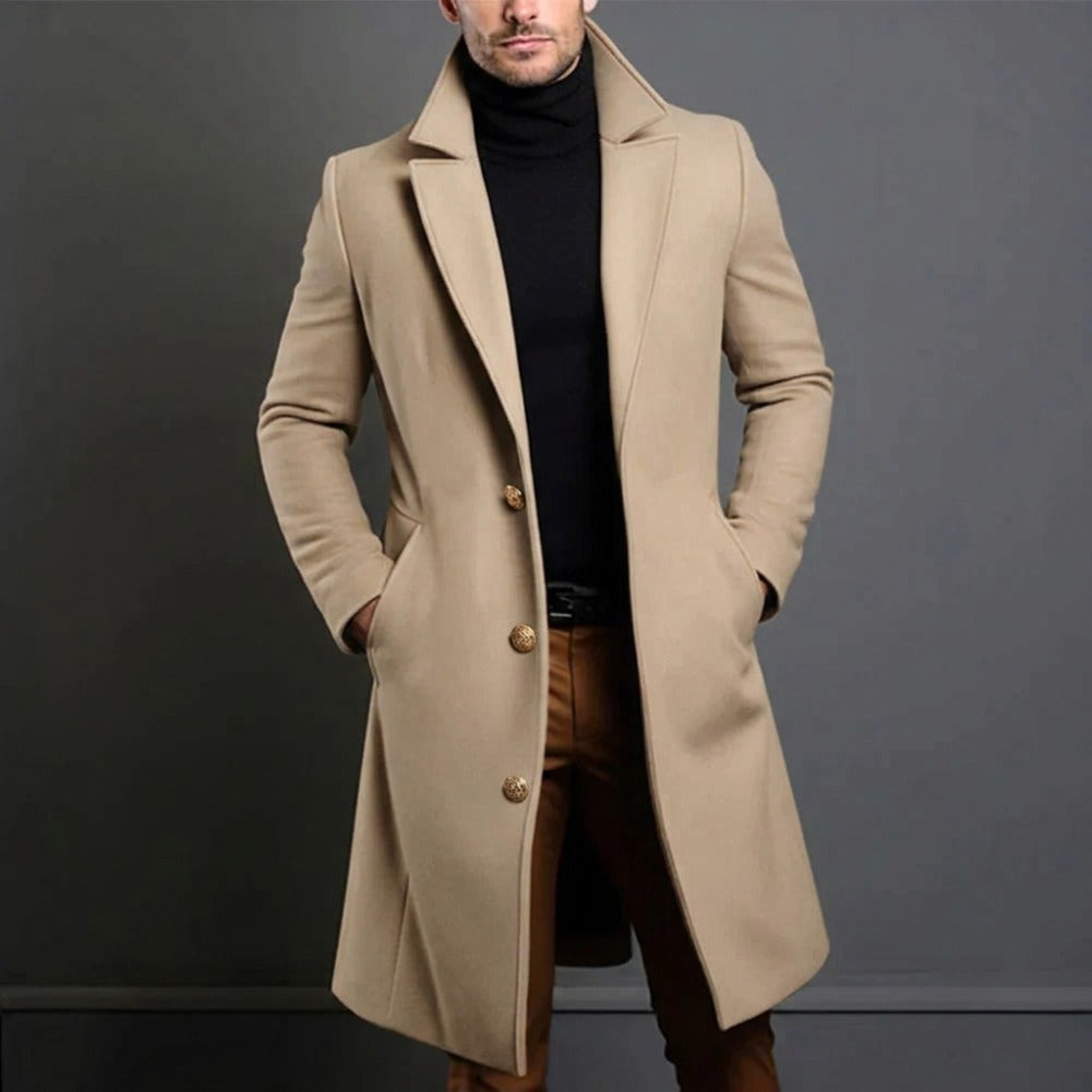 Men's camel longline overcoat with notch lapel and three button front