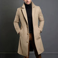 Men's camel longline overcoat with notch lapel and three button front