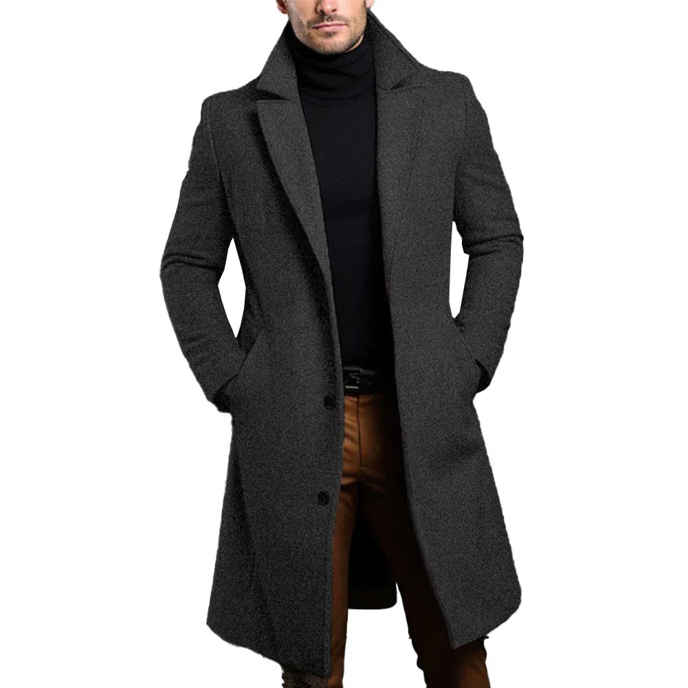 Men's dark grey single breasted longline overcoat