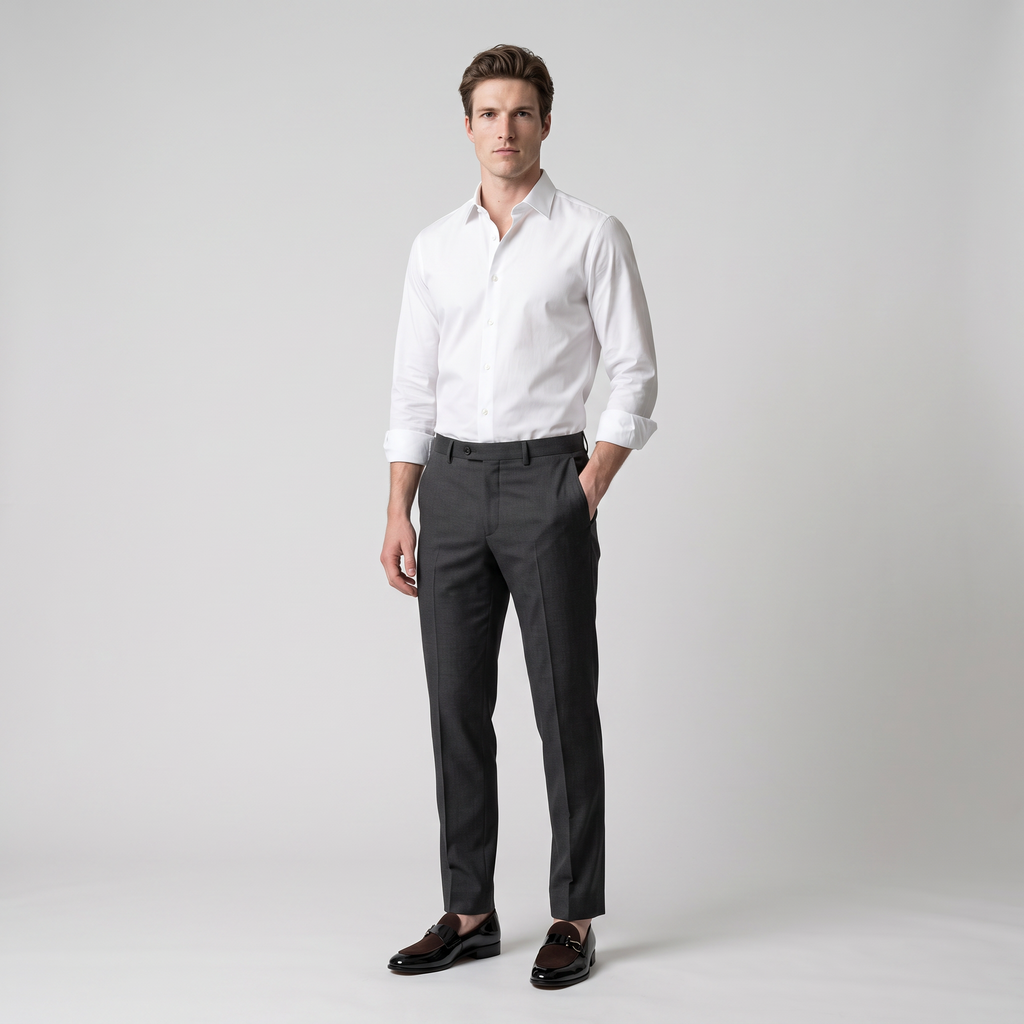 Full length studio shot of a model in charcoal trousers wearing the black patent bit loafers