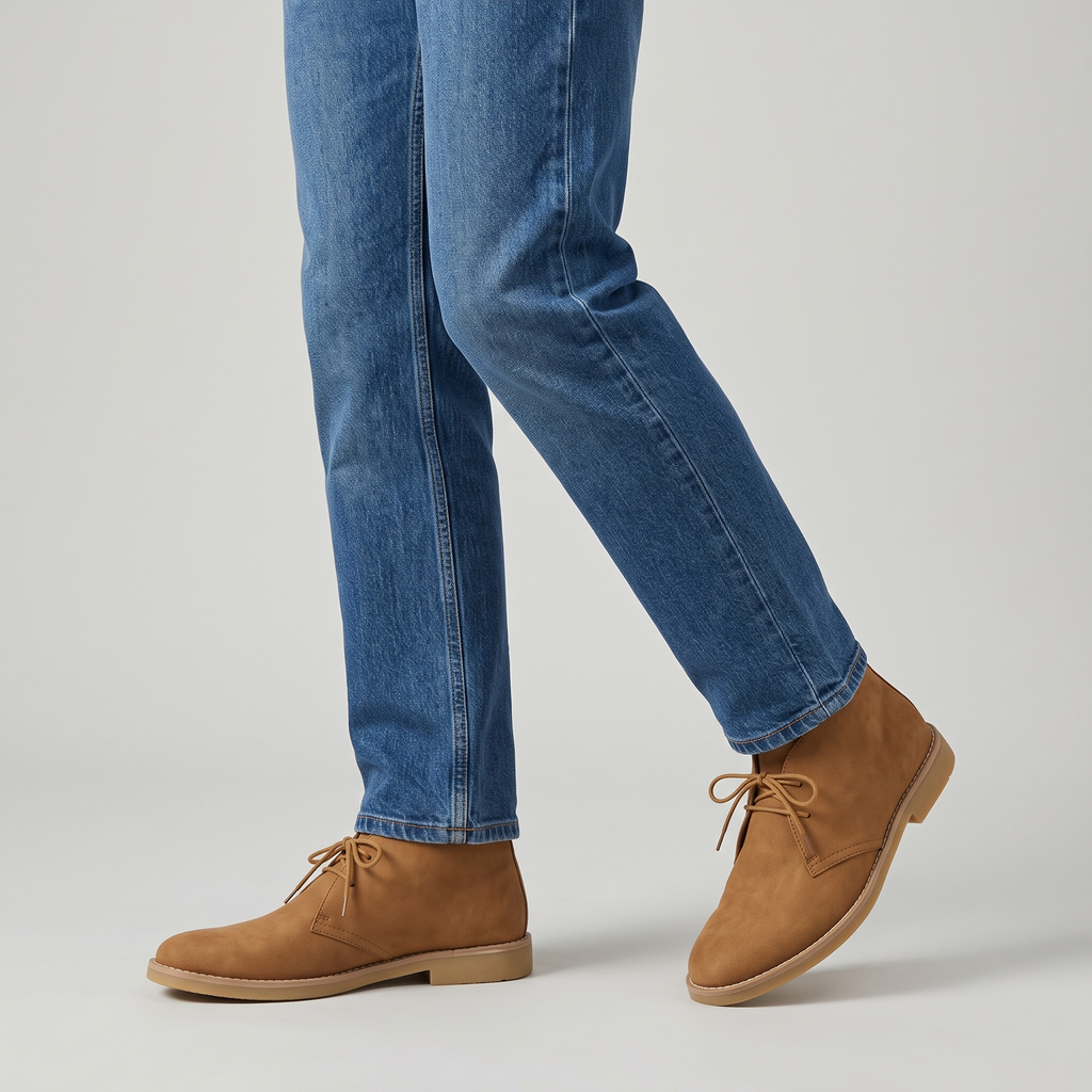 Model wearing the camel chukka desert boots with rolled denim, studio shot