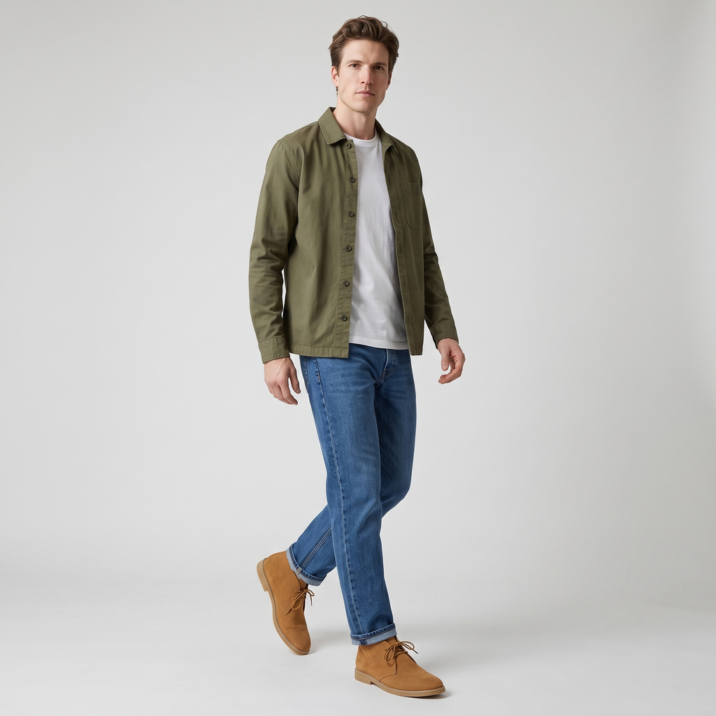 Full outfit with the camel chukka desert boots, denim and an olive overshirt