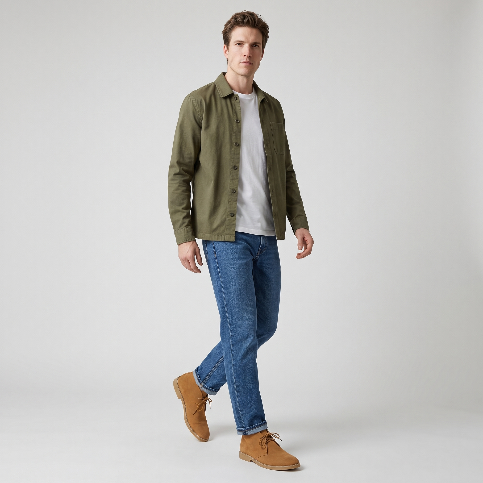 Full outfit with the camel chukka desert boots, denim and an olive overshirt