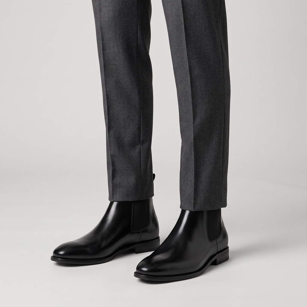 Model wearing the black classic Chelsea boots with charcoal wool trousers, studio shot