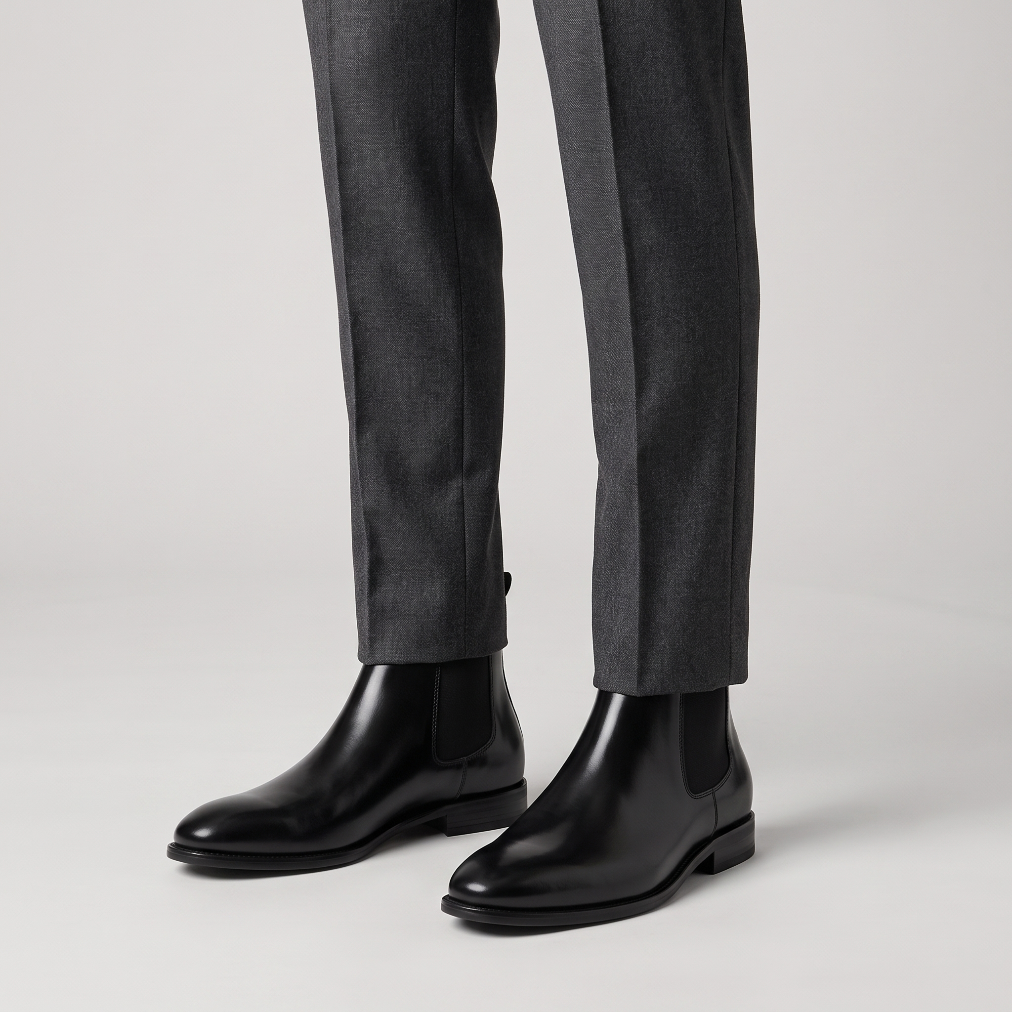 Model wearing the black classic Chelsea boots with charcoal wool trousers, studio shot