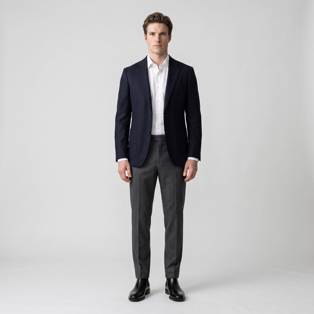Full outfit with the black Chelsea boots, charcoal trousers and navy blazer