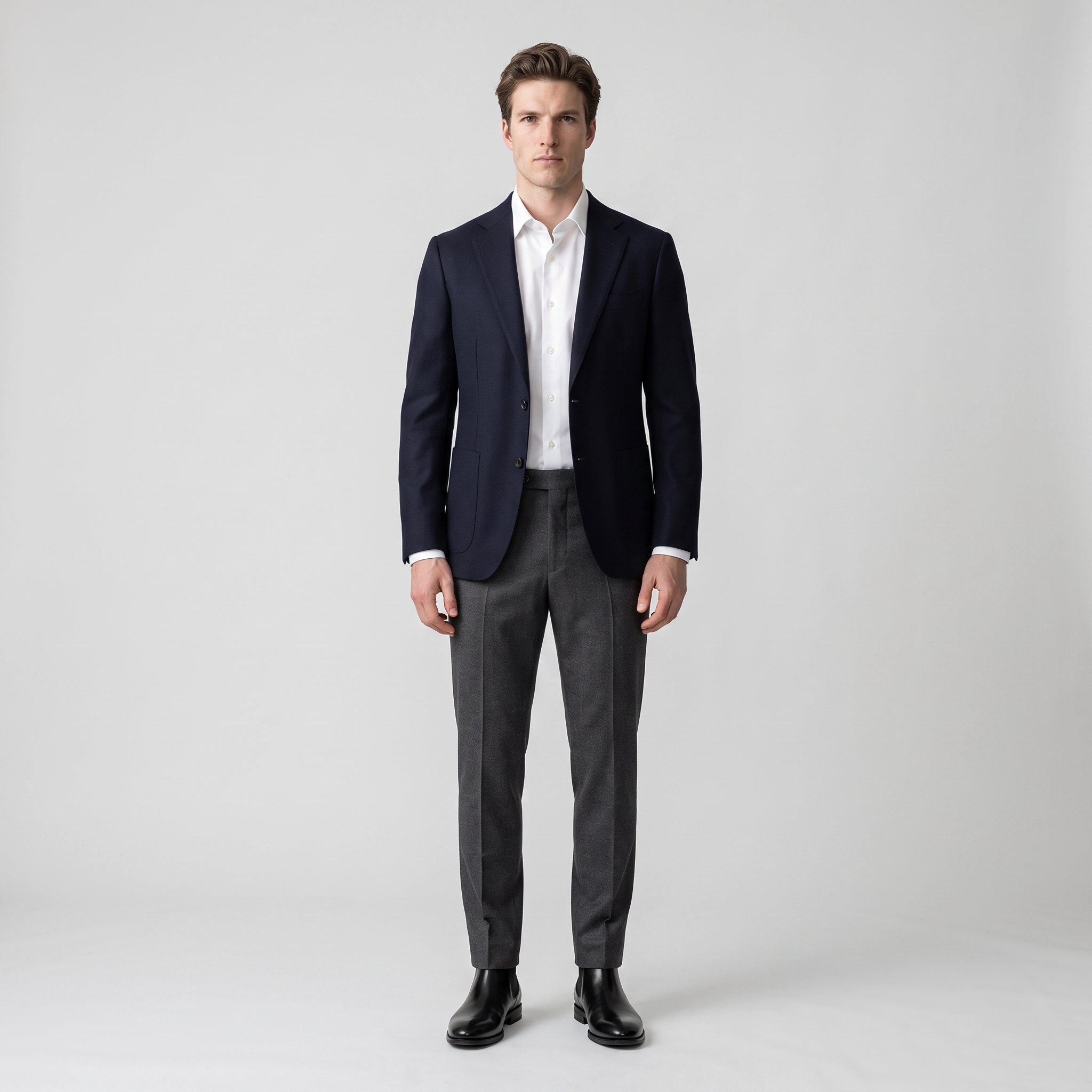 Full outfit with the black Chelsea boots, charcoal trousers and navy blazer
