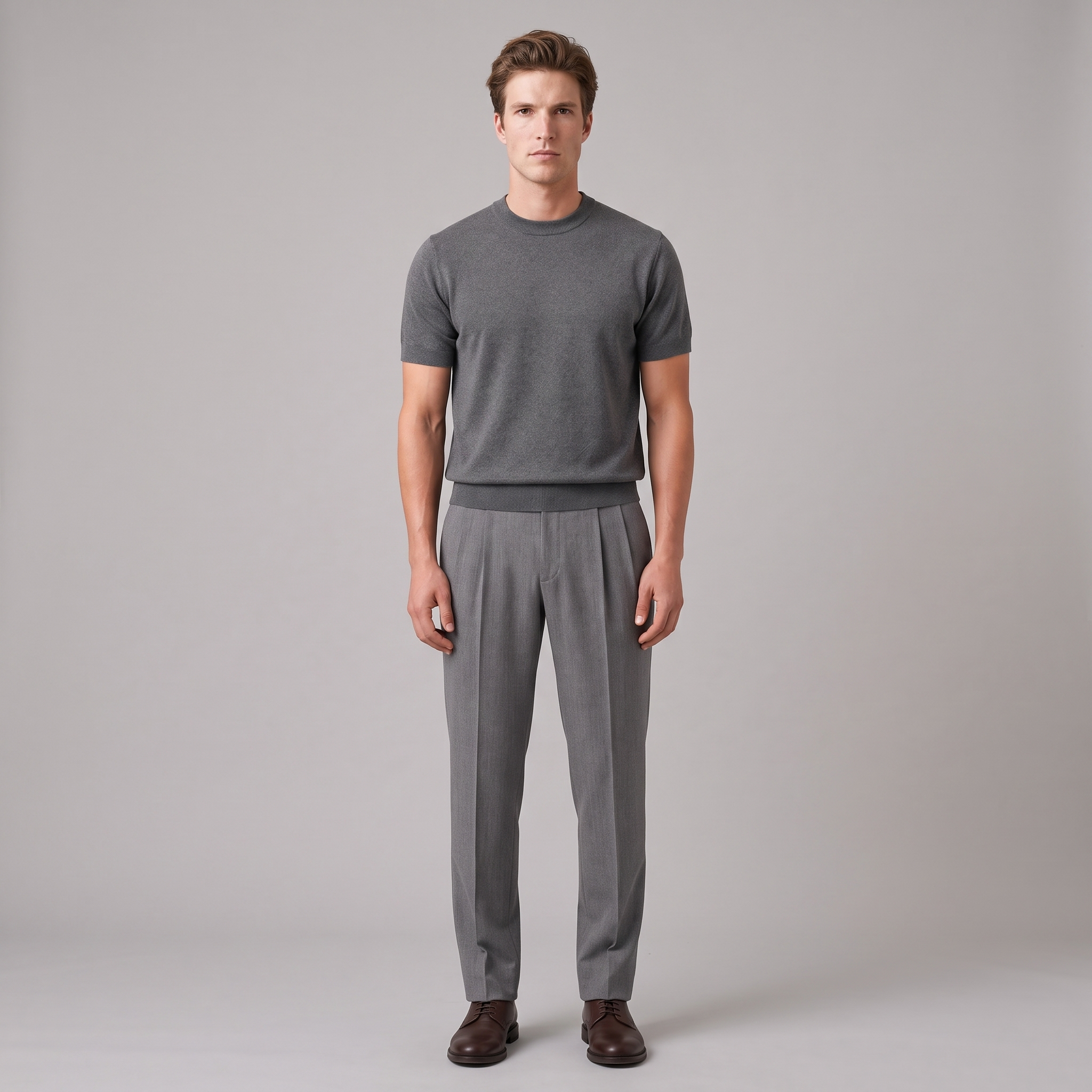 Model wearing the grey fine knit short sleeve crew neck top, studio shot