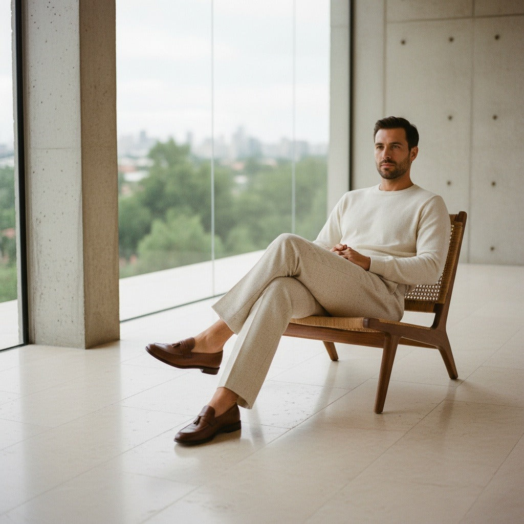 Men's Wide Leg Trousers in oatmeal, view 3