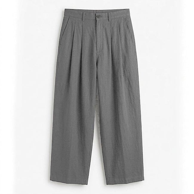 Grey linen blend pleated wide leg trousers, flat product view