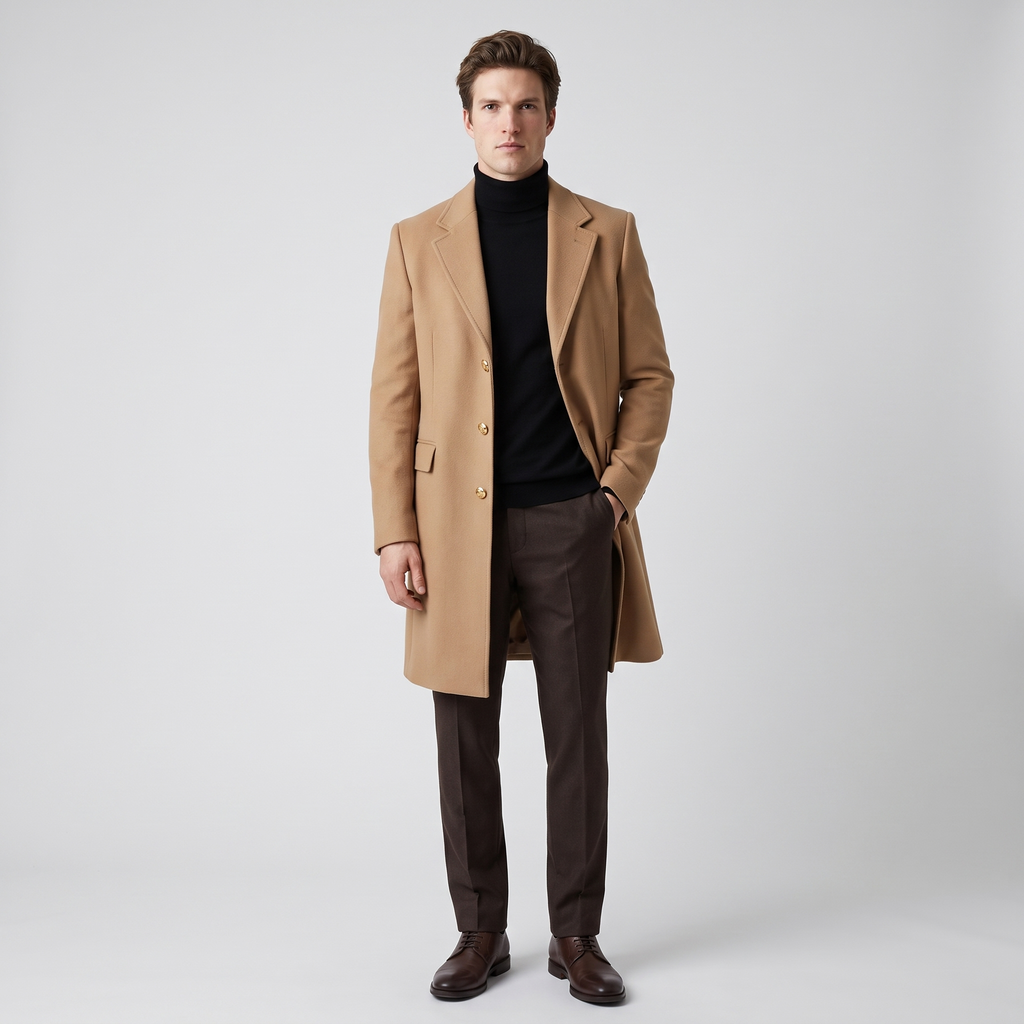Model wearing the camel longline overcoat over a black roll neck, studio shot