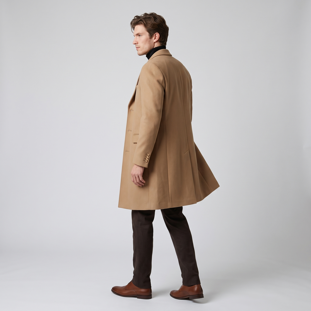 Side view of the camel longline overcoat showing the length and back vent