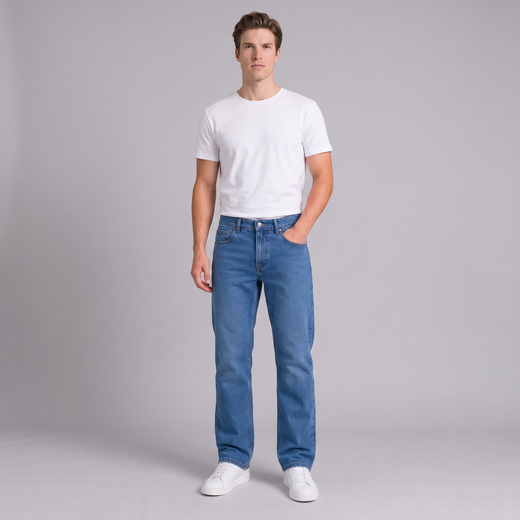 Model wearing the mid blue straight leg denim jeans, studio shot