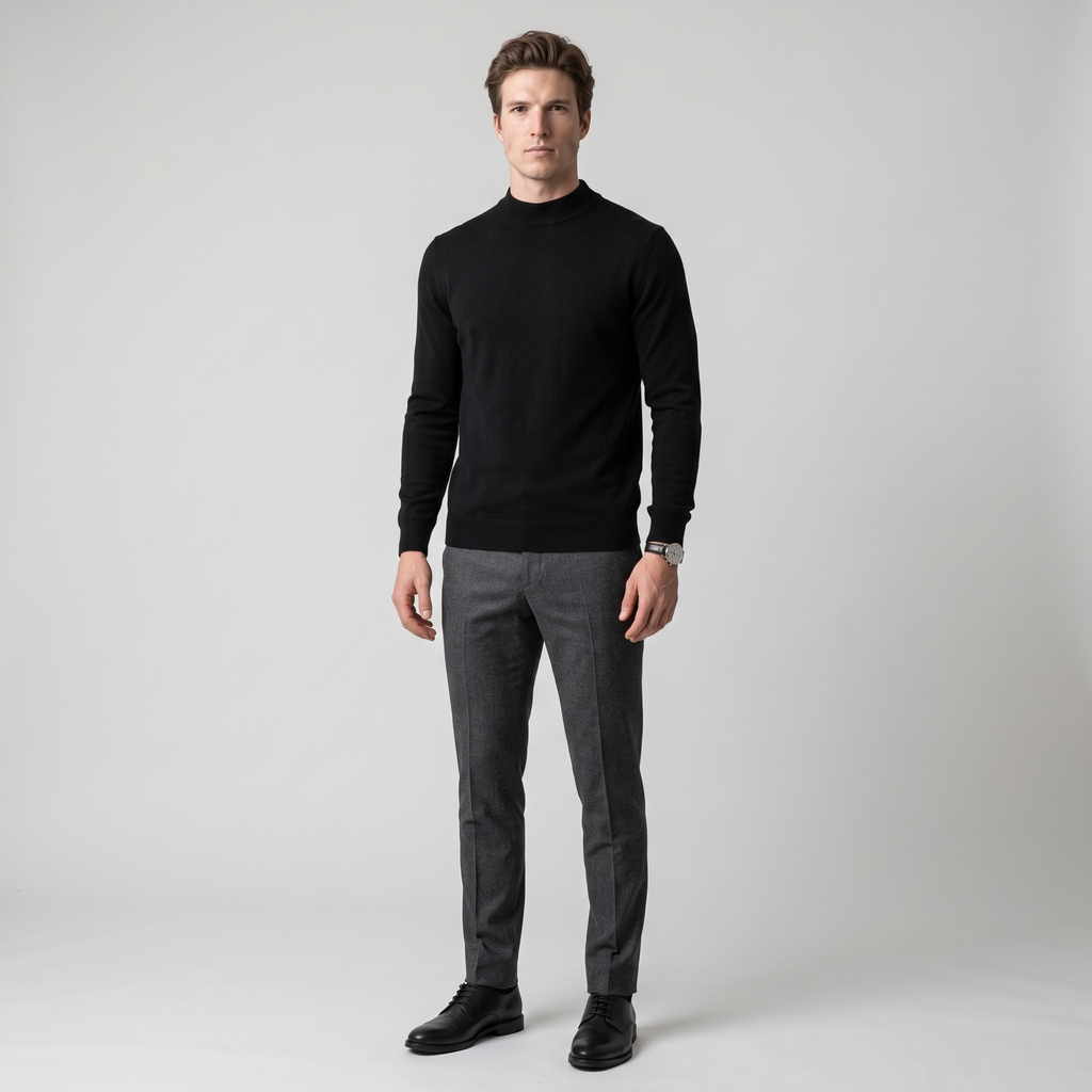 Model wearing the black mock neck knit jumper with charcoal trousers, studio shot