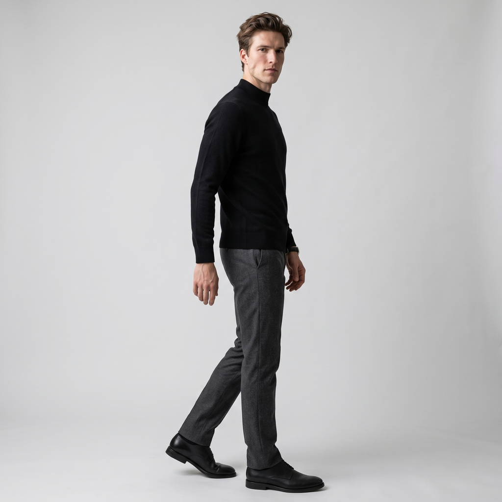 Side view of the black mock neck knit jumper worn with charcoal trousers
