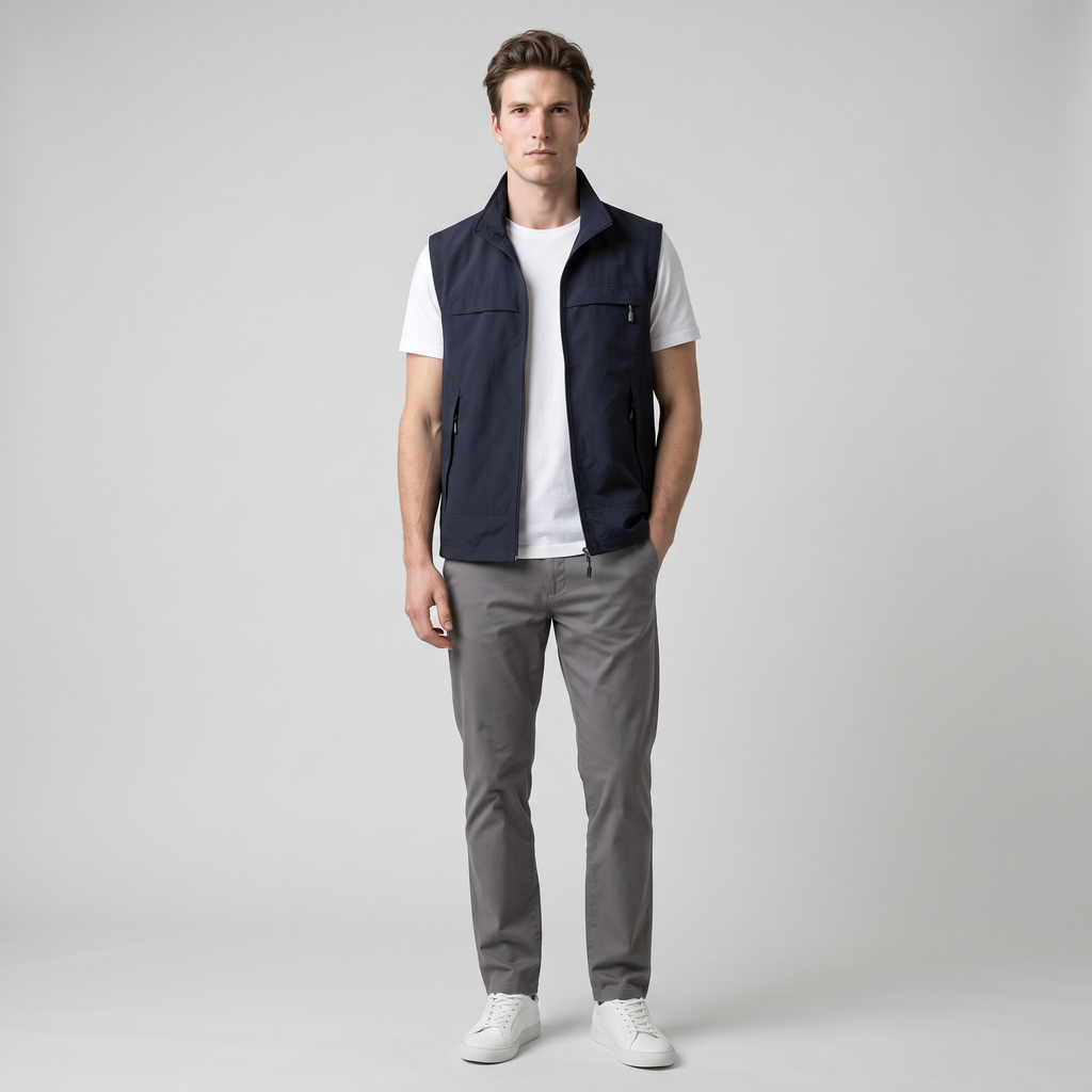 Model wearing the navy lightweight gilet with zip pockets, studio shot