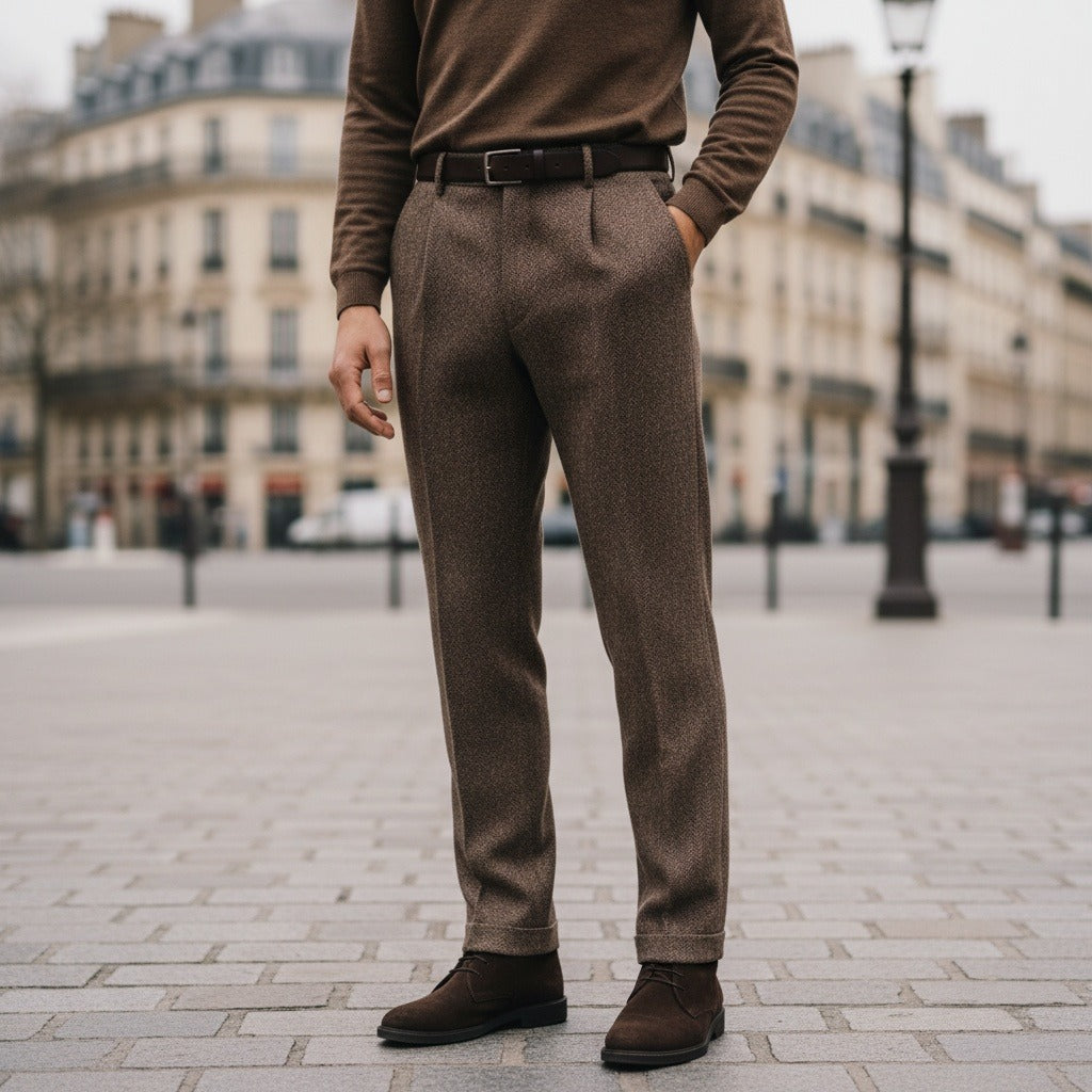 Men's Pleated Tweed Trousers – Tapered Leg with Turn-Ups