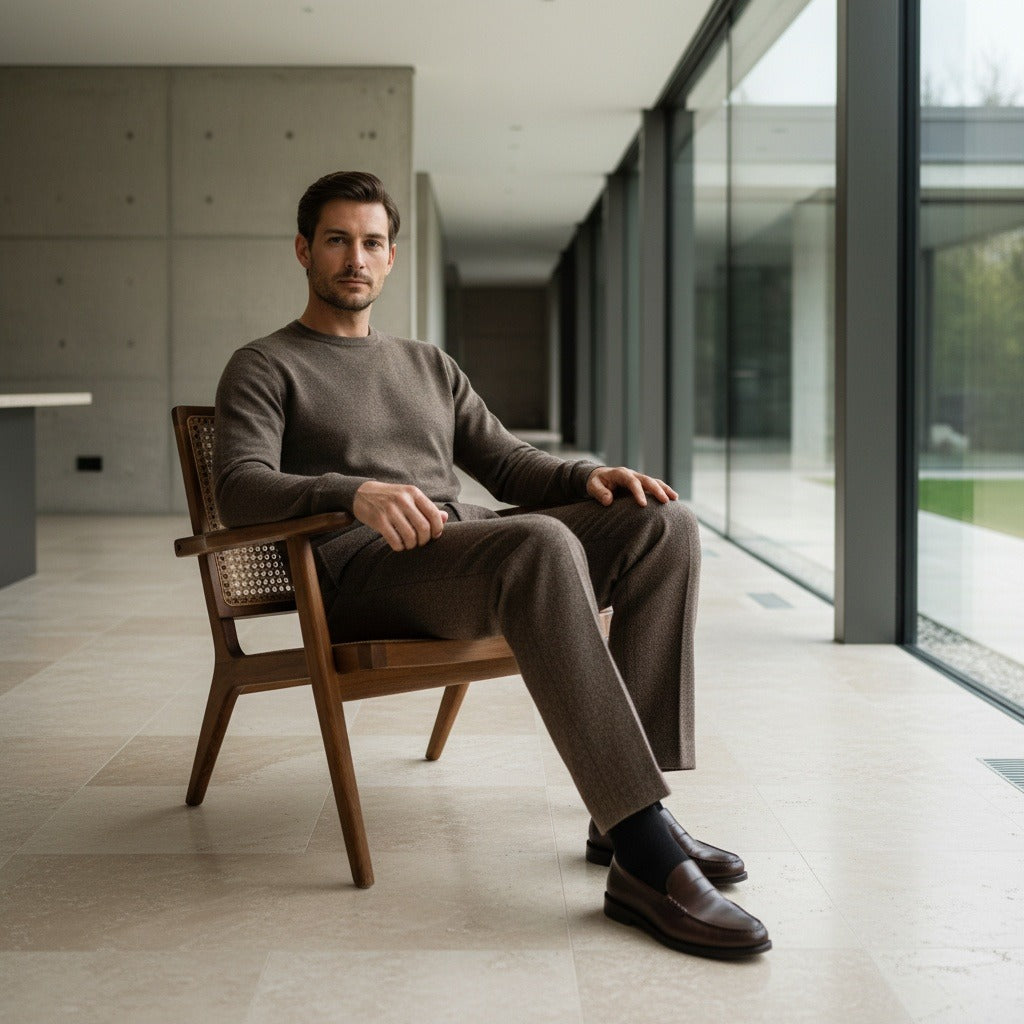 Men's Pleated Tweed Trousers – Tapered Leg with Turn-Ups