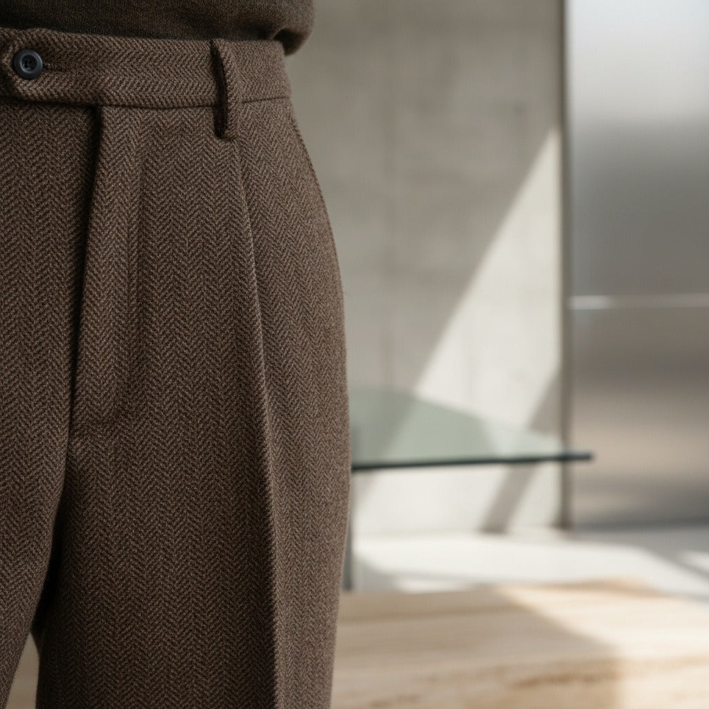 Men's Pleated Tweed Trousers – Tapered Leg with Turn-Ups