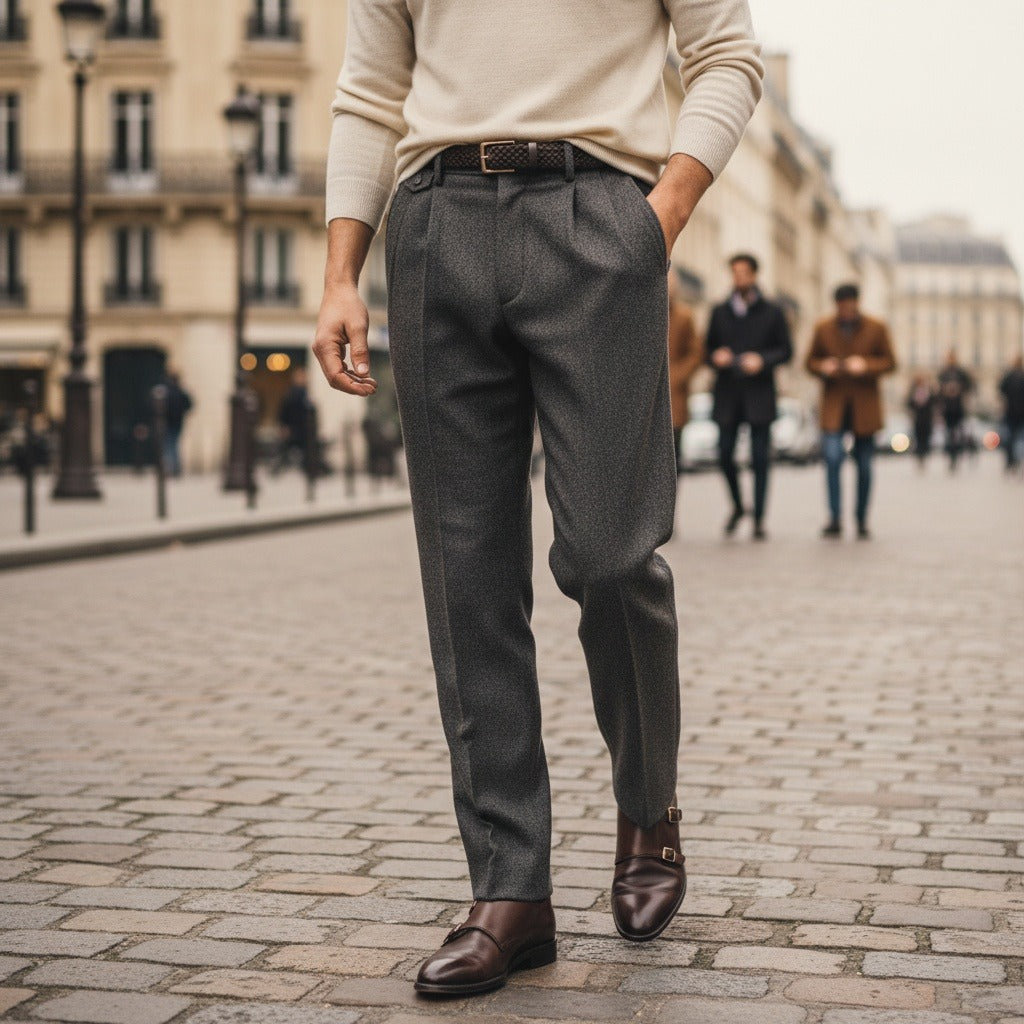 Men's Pleated Tweed Trousers – Tapered Leg with Turn-Ups