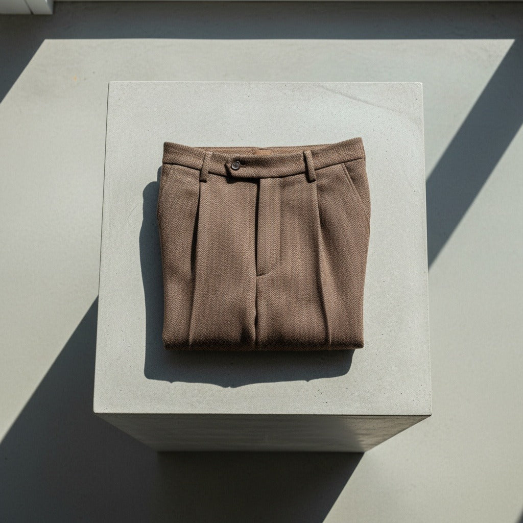 Men's Pleated Tweed Trousers – Tapered Leg with Turn-Ups