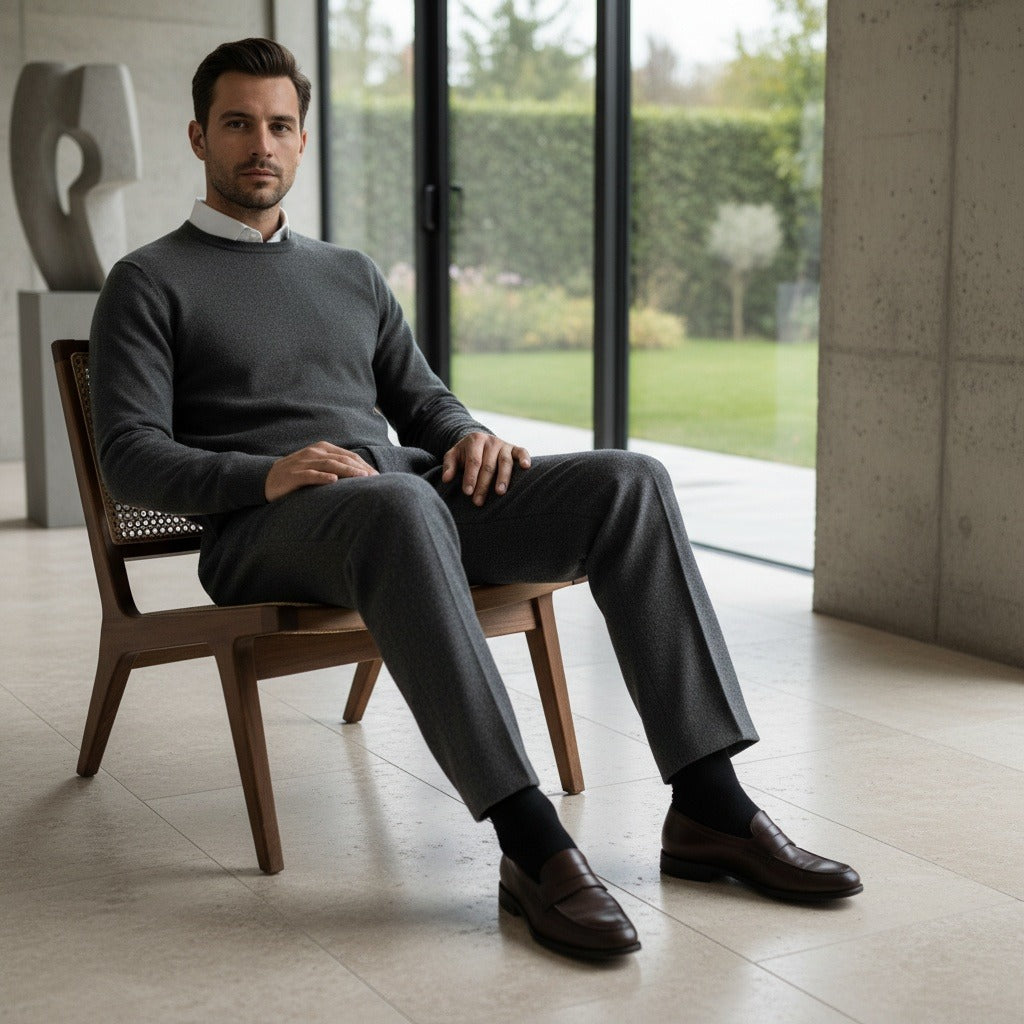 Men's Pleated Tweed Trousers – Tapered Leg with Turn-Ups