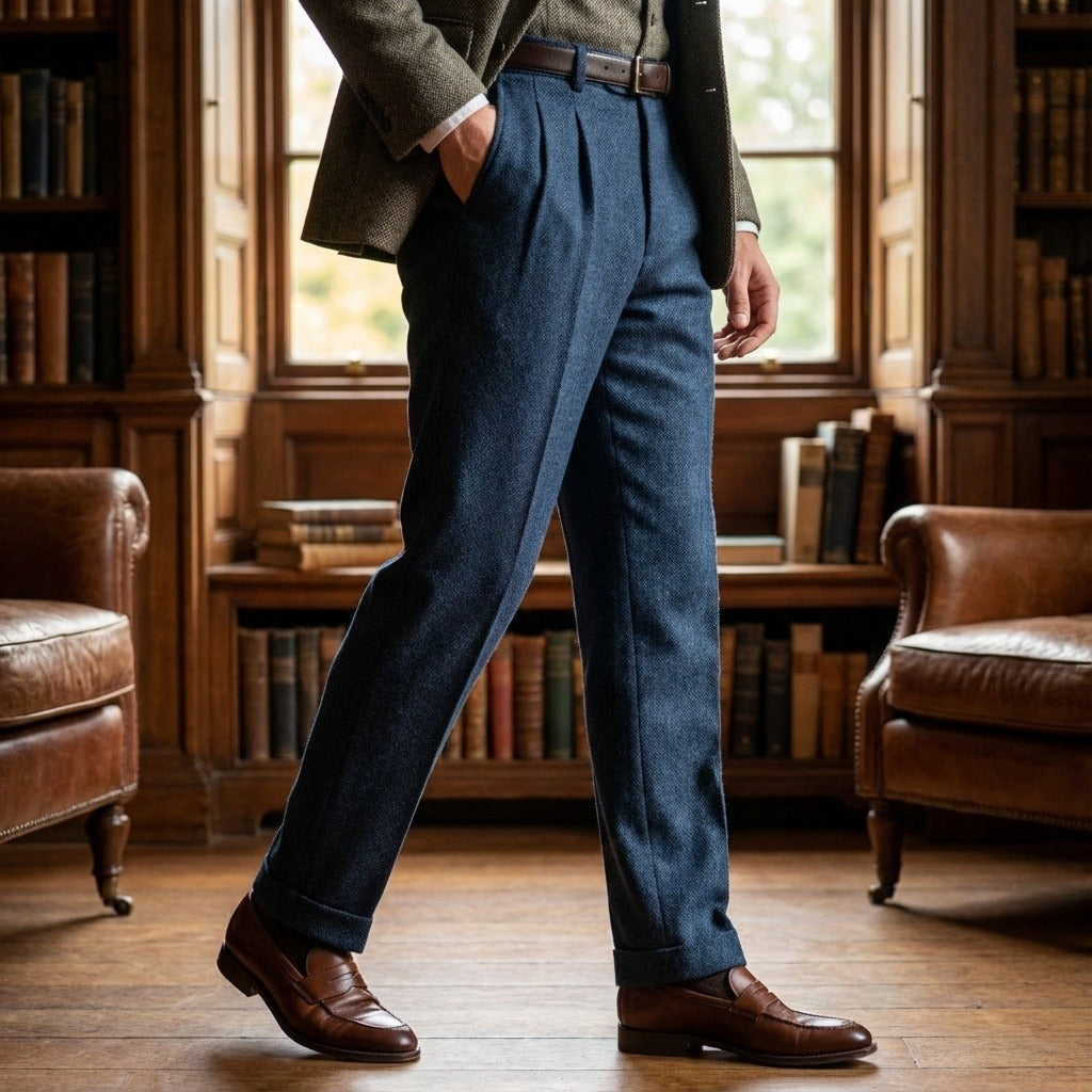 Men's Pleated Tweed Trousers – Tapered Leg with Turn-Ups