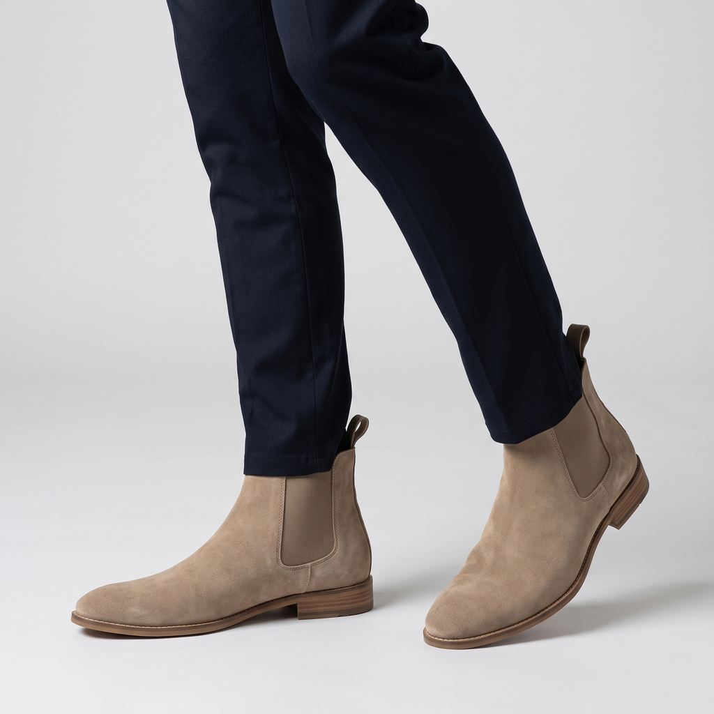 Model wearing the beige suede look Chelsea boots with navy trousers, studio shot