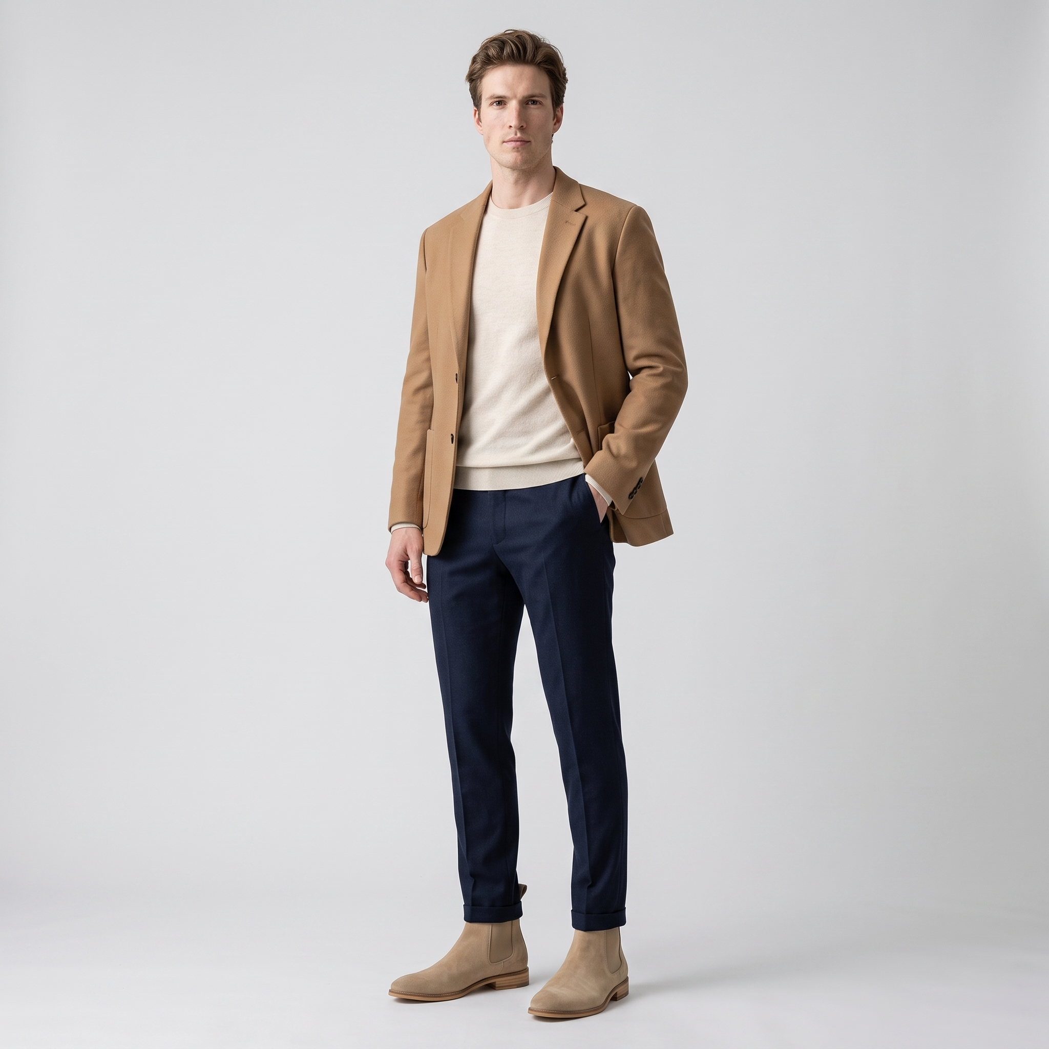 Full outfit with the beige suede look Chelsea boots, navy trousers and camel blazer