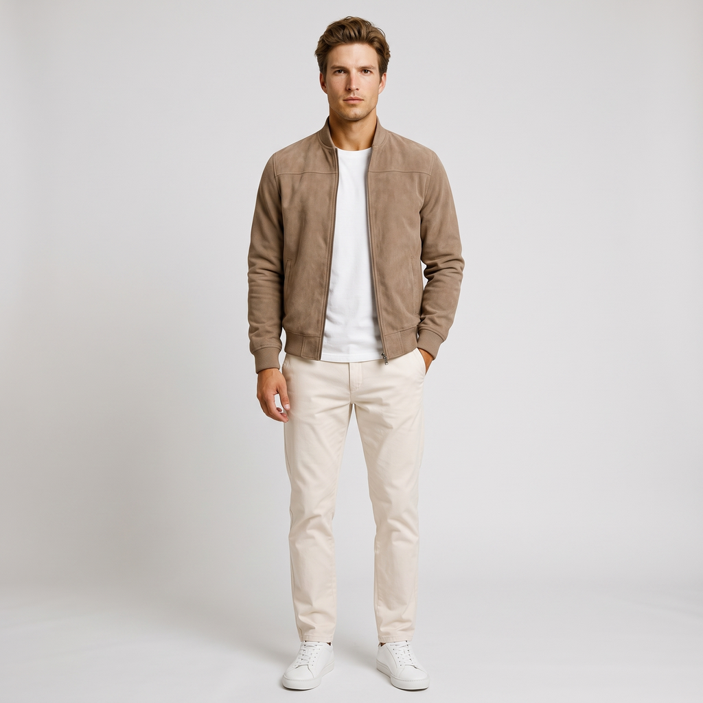 Model wearing the taupe suede look bomber jacket with stand collar, studio shot