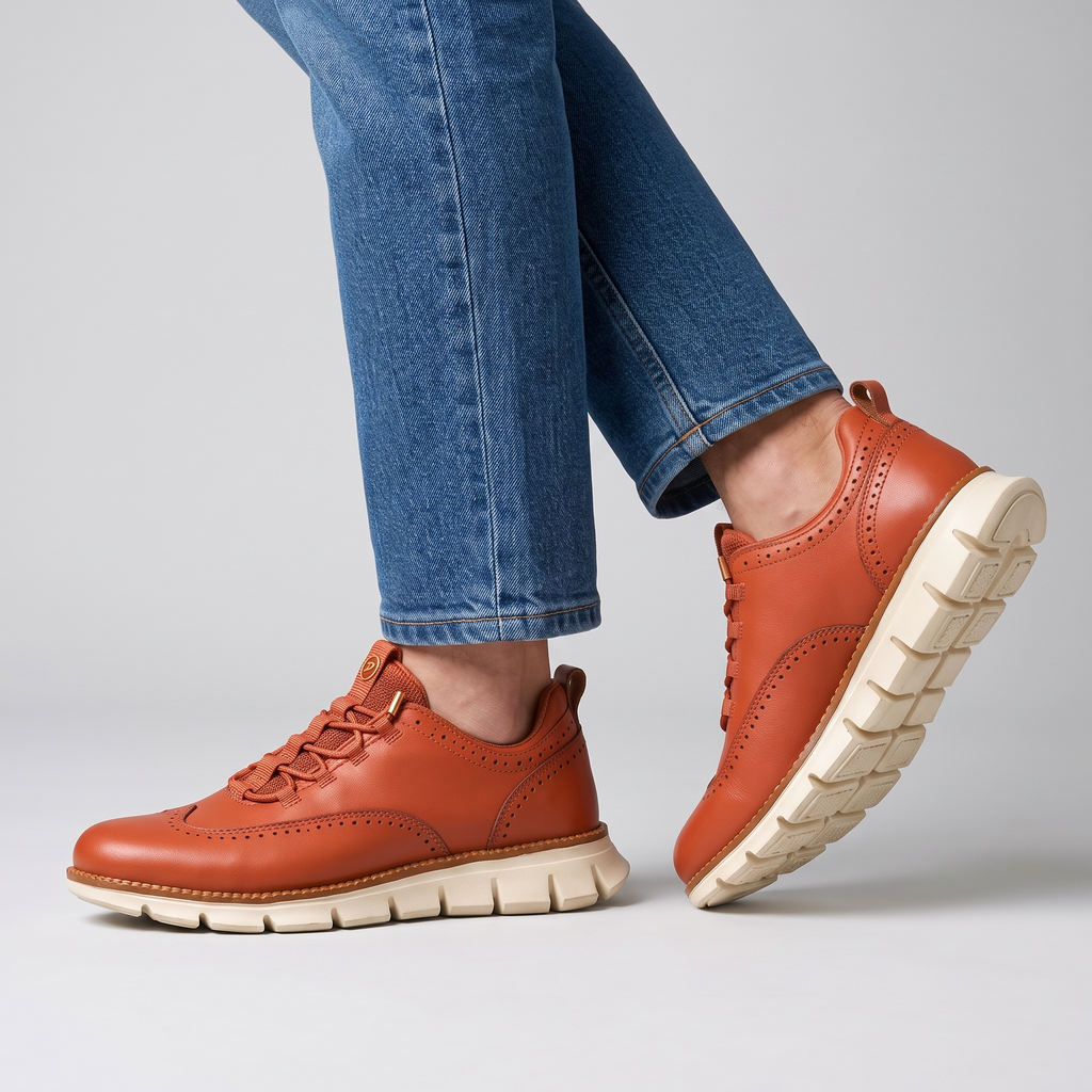 Model wearing the terracotta wingtip brogue trainers with cream cushioned sole, studio shot
